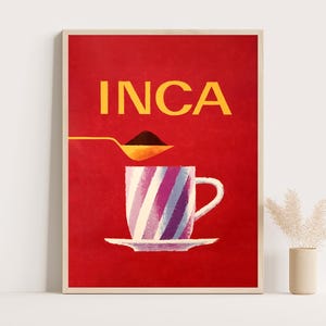 Impresión de taza de café / Arte mural de café / Póster publicitario vintage inca / Decoración colorida de dopamina / Cafetería y decoración maximalista