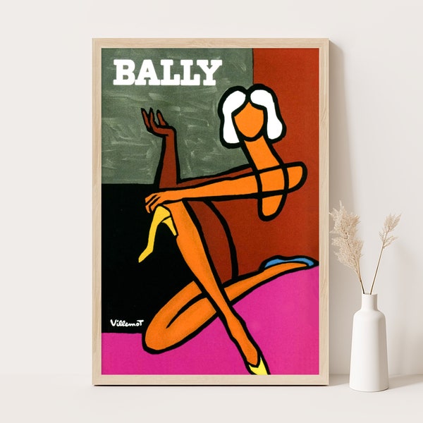 Publicité Bally vintage par Villemot | Art mural minimaliste | décoration de chambre vintage | Impression 12 x 18 pouces.