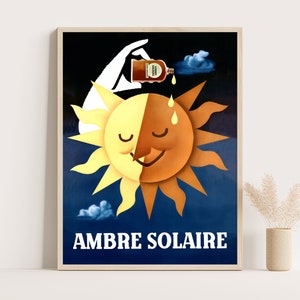 Cartel publicitario vintage de loción bronceadora Ambre solaire, decoración de baño vintage, arte de pared grande, impresión de 18 x 24 pulgadas.