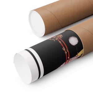 May include: Two brown cardboard poster tubes, one open, displaying a rolled-up art print. The print features a black background with a floral design in red, gold, and white. The open tube reveals a white edge with black stripes.