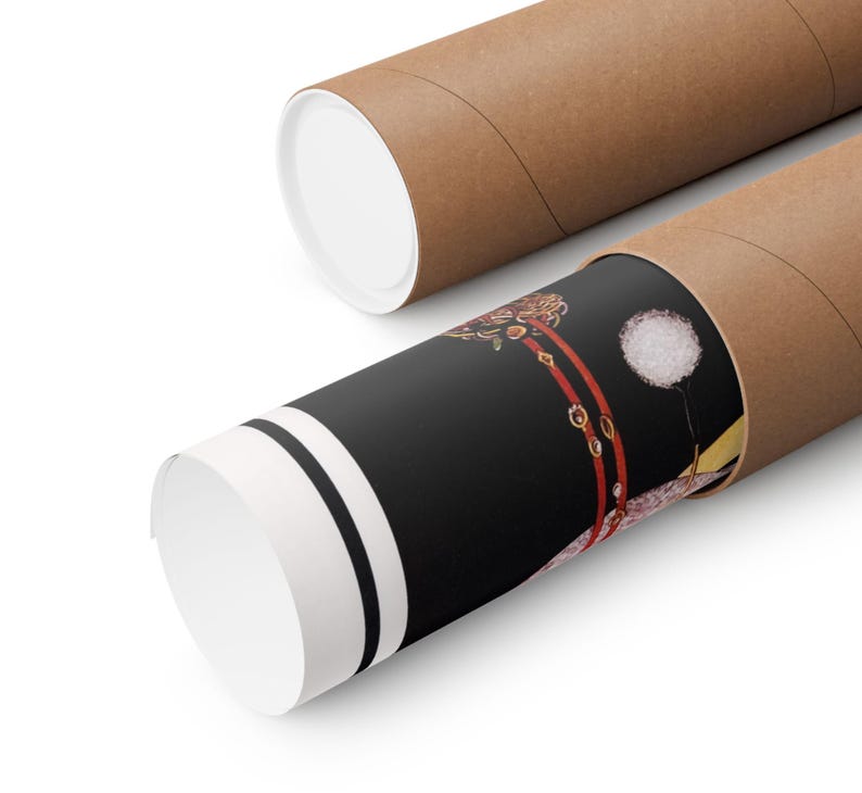 May include: Two brown cardboard poster tubes, one open, displaying a rolled-up art print. The print features a black background with a floral design in red, gold, and white. The open tube reveals a white edge with black stripes.