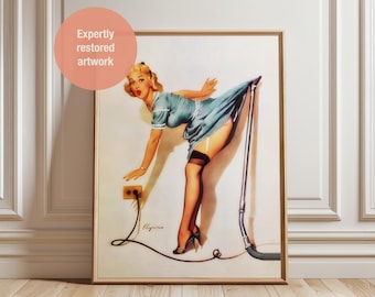 Póster de chica pin-up: Impresión artística retro de una criada aspirando, años 50