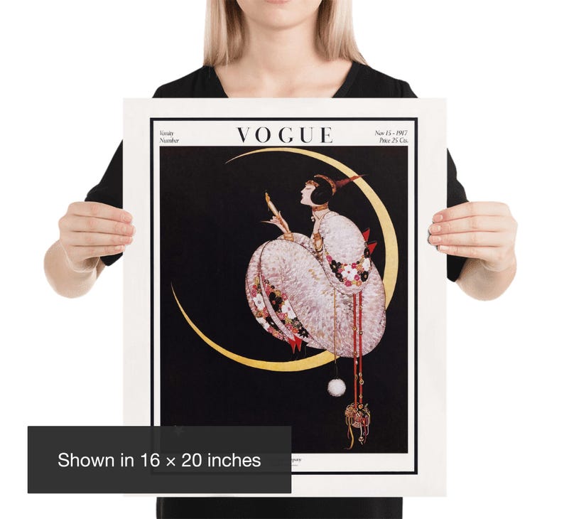 Vogue Cover Print: 1917 Art Deco Moonlit Fashion Illustration by George Wolfe Plank 16x20 inches