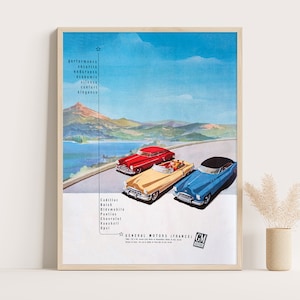 Manifesto pubblicitario francese d'epoca della General Motors, arredamento vintage per soggiorno, arte murale extra large, stampa fino a 18x24 pollici.