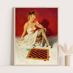 Pin Up Girls Vintage Poster from 1950s | Pinup Girl Playing Checkers | Coquette Room Decor | Sexy Retro Wall Art & Bathroom Decor