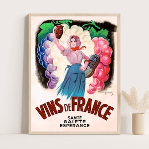 Vins de France / Manifesto pubblicitario d'epoca di vini francesi / Arte murale d'epoca per cucina / Arte murale di grandi dimensioni / Stampa fino a 18x24.