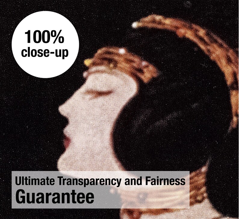 May include: A profile of a person with a light complexion, wearing a decorative headpiece and dark ear covering. The image includes the text "100% close-up" and "Ultimate Transparency and Fairness Guarantee".