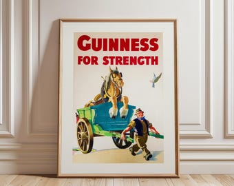 Vintage Guinness Beer Poster: Irish Bar Cart Decor, Man Pulling Horse