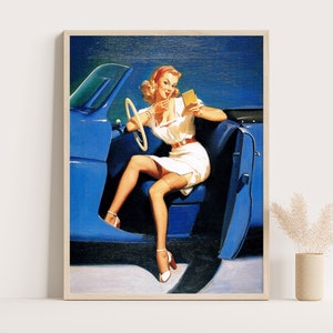 Pin Up Girls Vintage Poster from 1950s | Pinup Girl in the Car | Coquette Room Decor | Sexy Retro Poster & Bathroom Print