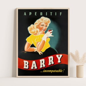 Póster retro de cóctel de moda Barry Aperitif: arte de pared vintage para decoración de cocinas, bares y salas de estar