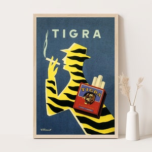 Tigra Cigarettes Vintage Werbeplakat von Villemot | Minimalistische Wandkunst | Extra Große Wandkunst | Bis zu 24x36 druck.