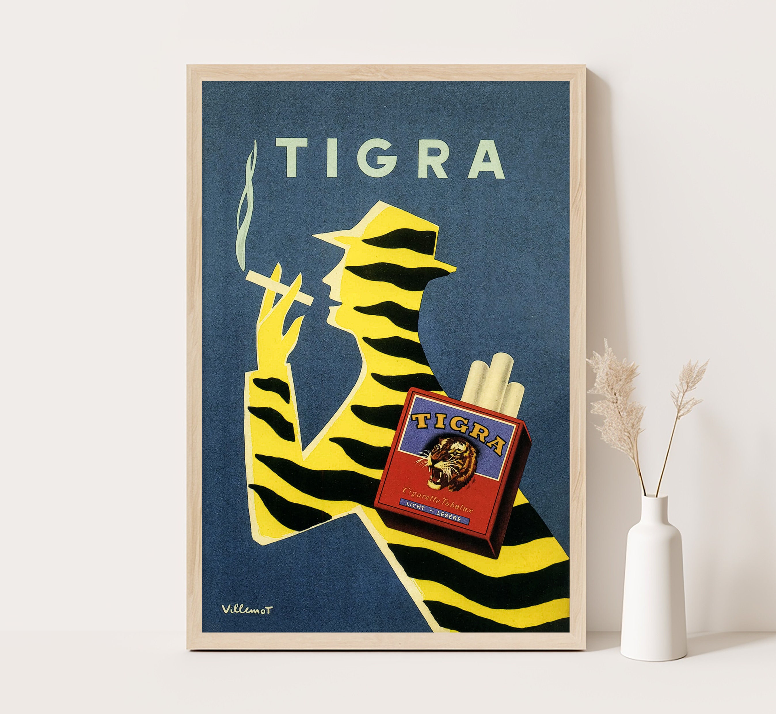 Vintage Tigra Poster by Bernard Villemot: 1940s French Tobacco Ad
