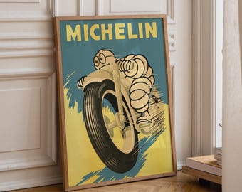 Michelin Man Motorcycle Racing Poster: Vintage Art Deco Print
