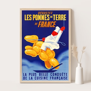 Pommes de Terre de France | Plakat reklamowy vintage z wizerunkiem ziemniaków francuskich, Wystrój kuchni w stylu vintage, Grafika ścienna w bardzo dużym formacie, wydruk do formatu 24x36.