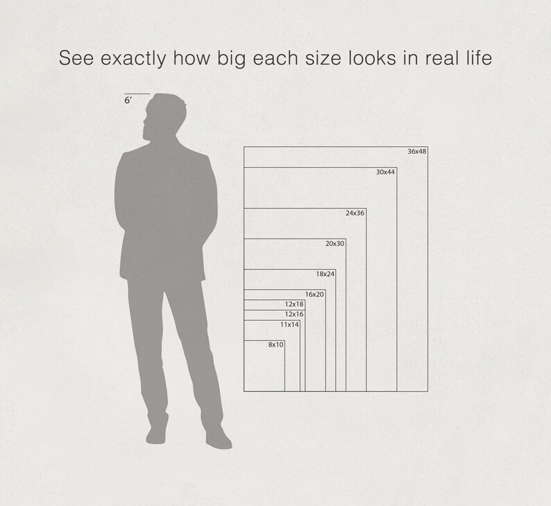 K&ouml;nnte beinhalten: Ein Diagramm, das die relativen Gr&ouml;&szlig;en verschiedener rechteckiger Formen von 20x25 cm bis 91x122 cm zeigt, neben einer 1,83 Meter gro&szlig;en Silhouette einer Person. Der Text lautet: "Sehen Sie genau, wie gro&szlig; jede Gr&ouml;&szlig;e im wirklichen Leben aussieht."