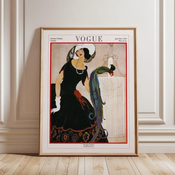 Vogue 1921 Cover Woman with Exotic Parrot Art Deco Print: Roaring Twenties Fashion Illustration
