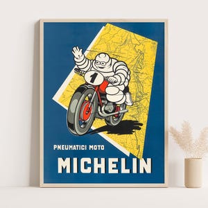 Michelin Poster, Vintage Motorcycle Ad, 1950s Print, Bibendum, The Michelin Man, Italian Wall Art