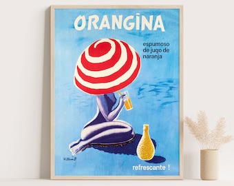 Vintage Orangina Poster: Bernard Villemot Spanish Advertising, Mid-Century Modern Beach Decor