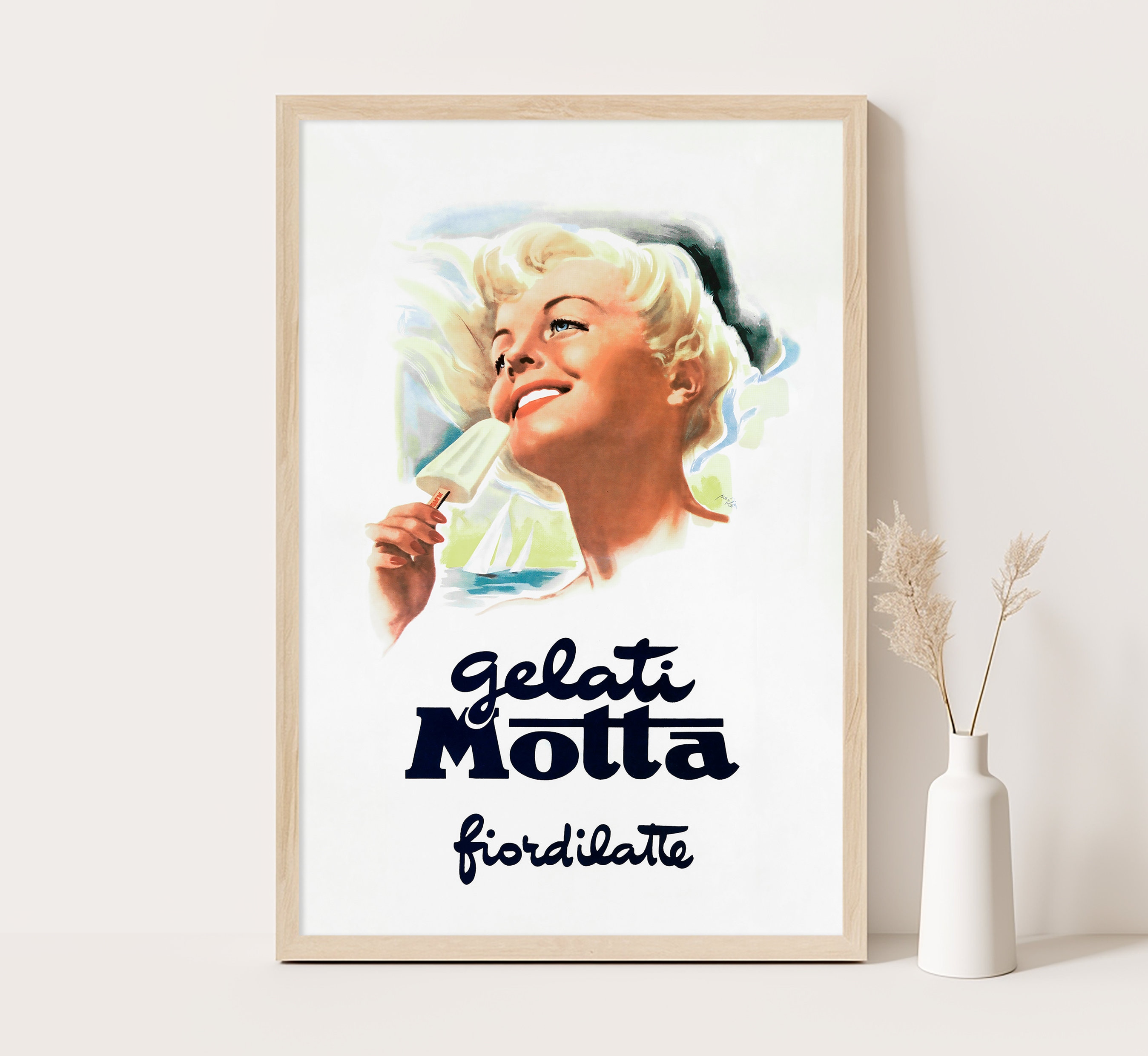 1960s, Italy Gelati Motta. A magnificent poster by Italian artist Mario Rossi depicting a girl with ice cream in her hands