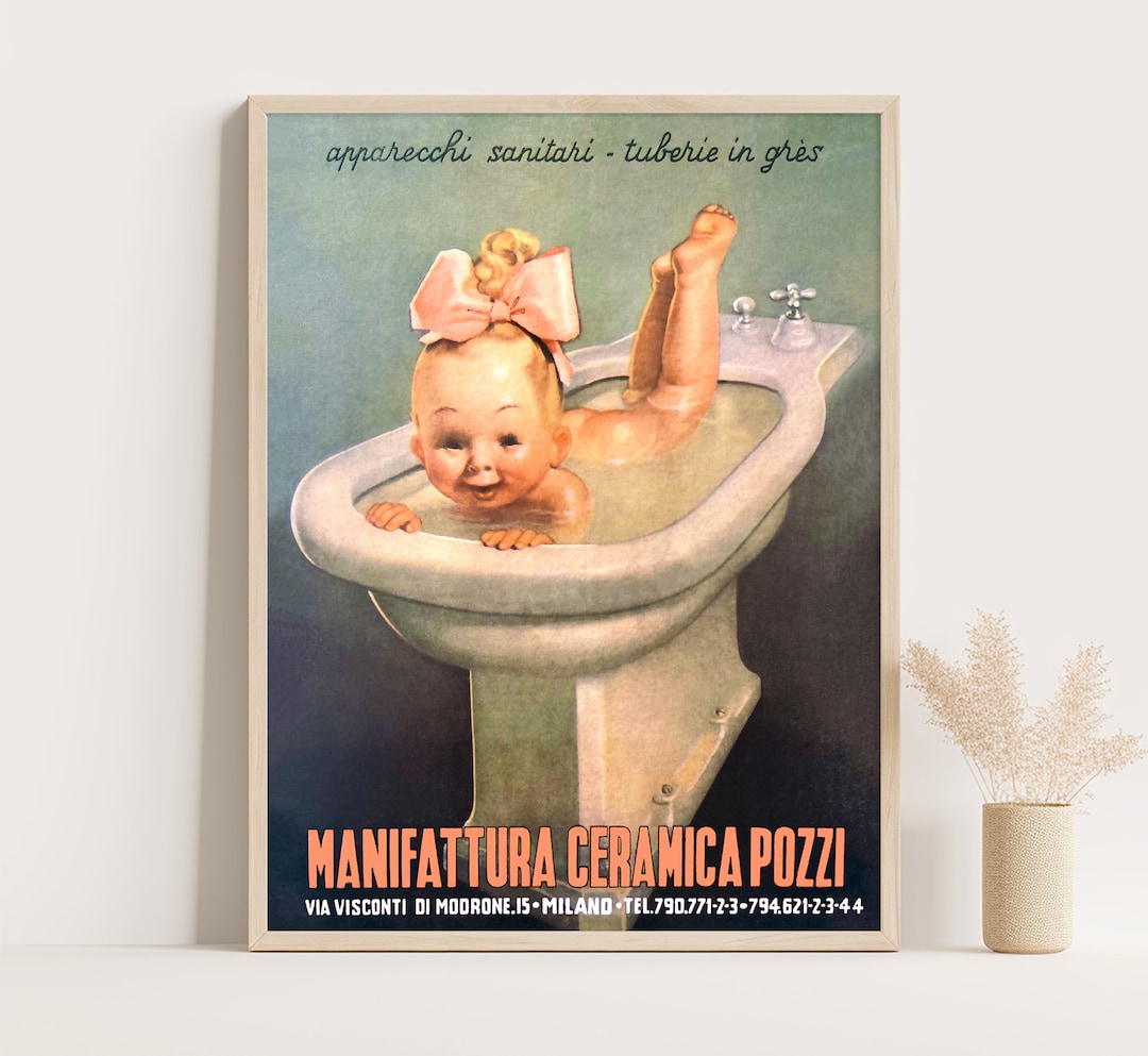 Italian Ceramics Pozzi Baby in Bath Vintage Advertising Poster