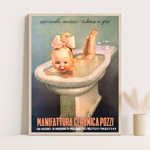 Italienische Keramik Pozzi Baby in Bath Vintage Werbeplakat | Vintage Badezimmer Dekor | Große Wandkunst | 18x24 Zoll Druck.