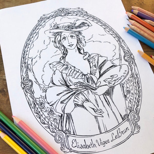 Iconic Female Artist Coloring Collection • Elisabeth Vigee LeBrun Coloriage pour Adultes • Téléchargement immédiat • ArtbyAnnieHolley • PDF