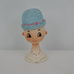 Head Vase Girl Blue Knitted Hat Vintage Japan Ceramic Small Rare 4.5&quot; High FLAW