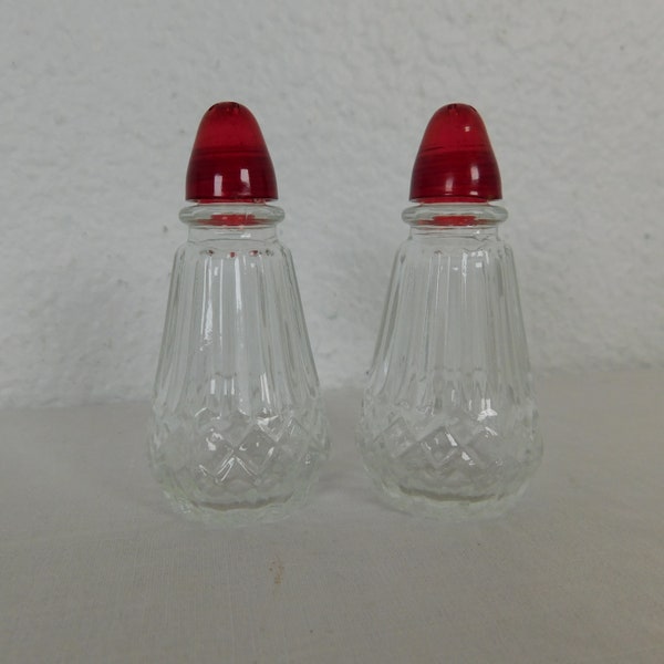 Salt Pepper Shakers Tiny Small Clear Cut Molded Glass 2.75” Red Plastic Top Vtg