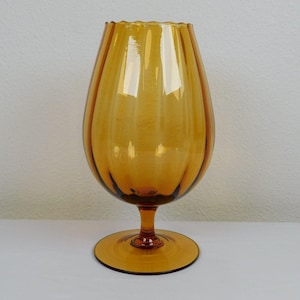 Ribbed Amber Glass Scalloped Rim Large Footed Vase 10&quot; tall Vintage MCM