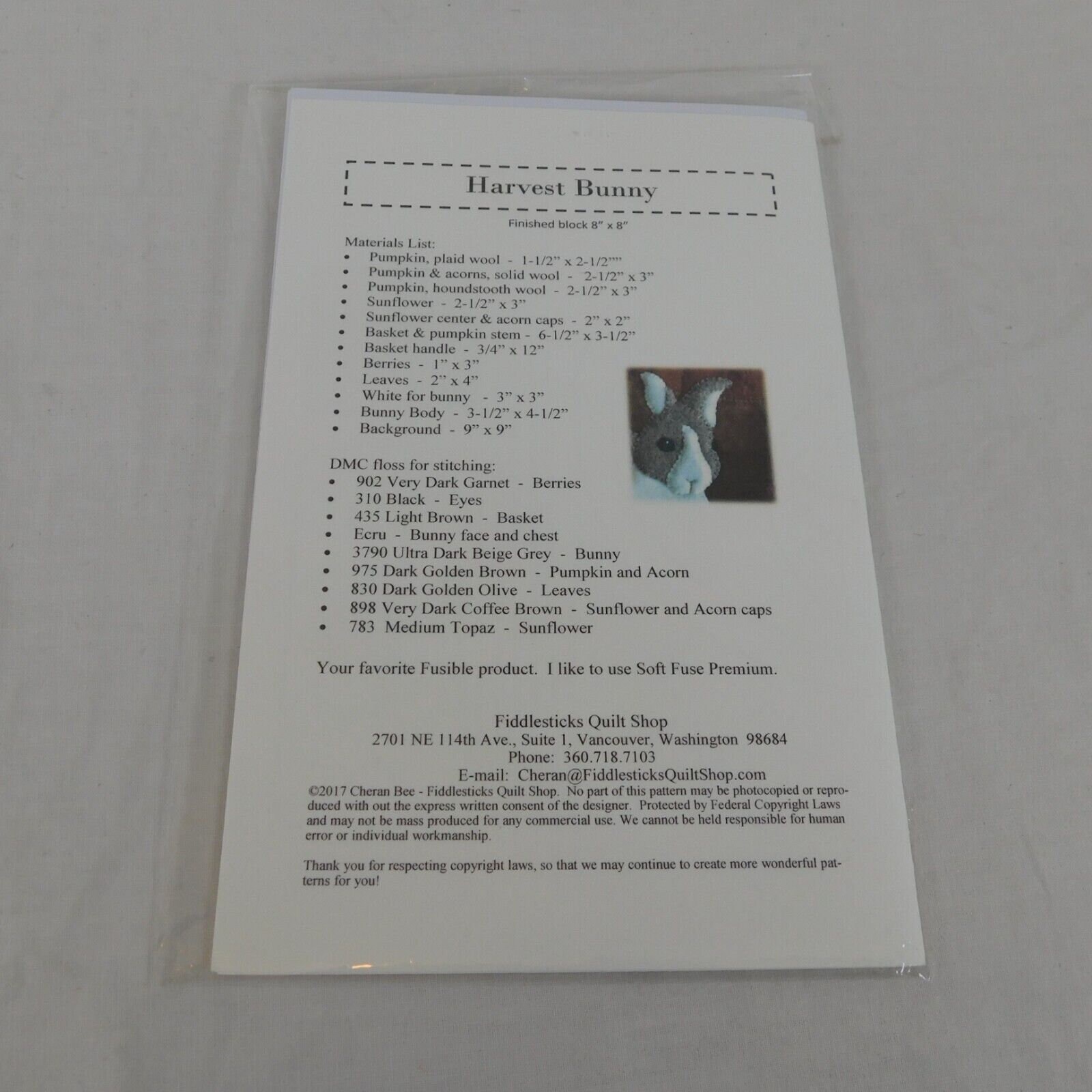 Fiddlesticks Quilt Shop Harvest Bunny Wool Applique Craft Pattern