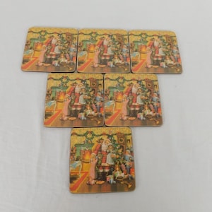 Christmas Coasters Vintage Santa Toys Tree Cork Back Set of Six Old World 4&quot;x4&quot;