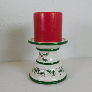 Pillar Holder w/Red Candle Home For The Holidays Earthenware Unused Holly Berry