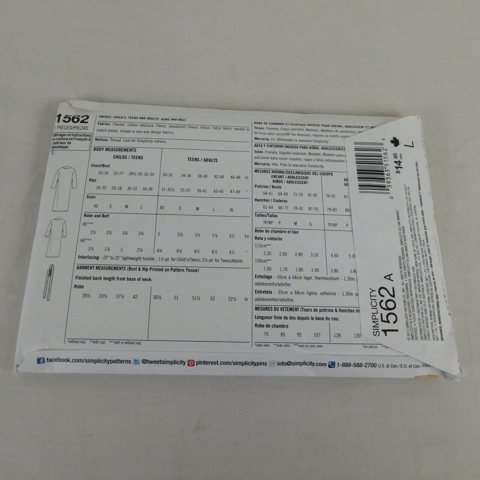Simplicity 1562 Unisex Adult Teen Child Robe Sewing Pattern Etsy