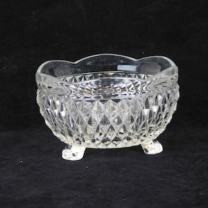 Indiana Glass Diamond Point Clear Candy Bowl Scalloped Edge 3 Toed 5 inch dia