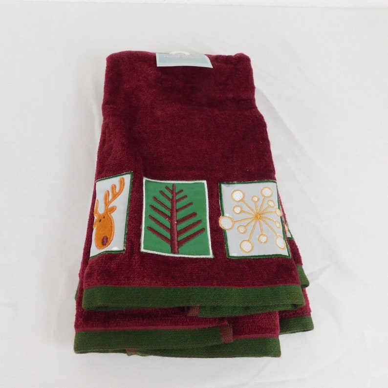 2 Hand & 2 Finger Tip Towels Vintage Sears Maroon Christmas Etsy