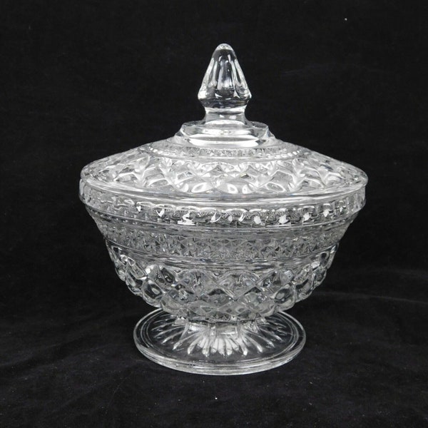 Anchor Hocking Wexford Cut Glass Footed Candy Dish Lid Panel Finial 6.6" x 7.1"