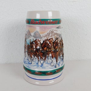Budweiser 1993 Holiday Stein Entrega especial Clydesdale Navidad Nora Koerber