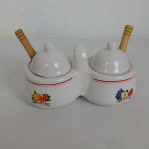 Smuckers Double Covered Jam Jelly Jar w/Spoons Preserves Ceramic Bowl Vintage