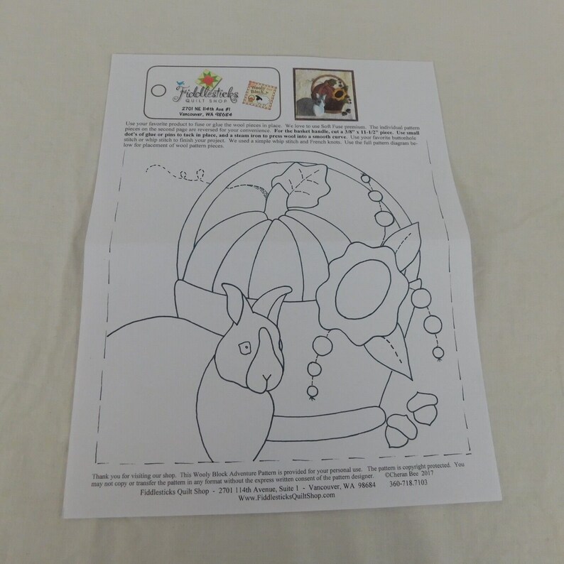 Fiddlesticks Quilt Shop Harvest Bunny Wool Applique Craft Pattern