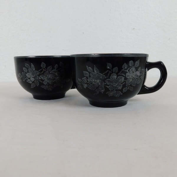 Set of 2 Hazel Atlas Ovide Black Glass Silver Flower Overlay Coffee Tea Cup