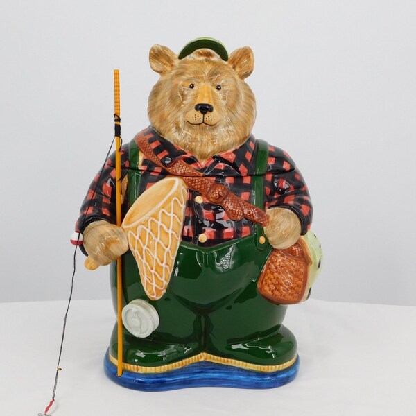 Boîte à biscuits Woodland Series Gone Fishing Bear, rayon à la retraite, vintage 33024 DÉFAUT