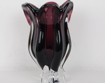 Joseph Hospodka Hand Blown Art Glass Purple Amethyst Vase Clear Base Vtg 9"