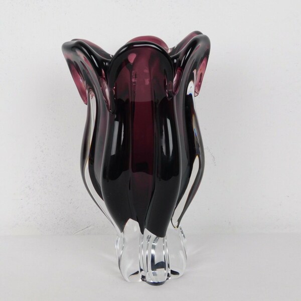 Joseph Hospodka Hand Blown Art Glass Purple Amethyst Vase Clear Base Vtg 9"