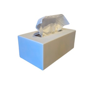 May include: White tissue box with a white tissue dispenser. The tissue box is rectangular and has a smooth surface.