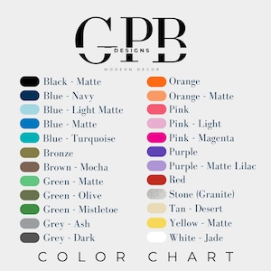 May include: Colour chart with 20 different colour swatches and names. The colours include black, blue, bronze, brown, green, grey, orange, pink, purple, red, stone, tan, white, and yellow.