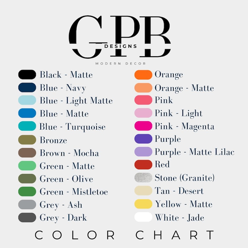 May include: Colour chart with 20 different colour swatches and names. The colours include black, blue, bronze, brown, green, grey, orange, pink, purple, red, stone, tan, white, and yellow.