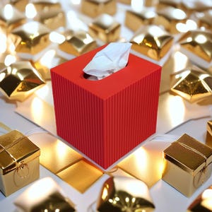 K&ouml;nnte beinhalten: Rote Taschentuchbox mit einem wei&szlig;en Taschentuch darin. Die Taschentuchbox ist von goldenen Dekorationsgegenst&auml;nden umgeben.