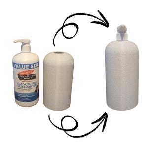 May include: An image showing a white lotion bottle with a pump, a decorative sleeve, and a filled bottle. The lotion bottle has a label that reads "VALUE SIZE" and "PALMER'S COCOA BUTTER FORMULA". The decorative sleeve is a light gray color.