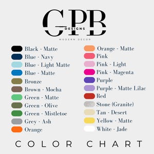 May include: Color chart with 20 different color swatches and their names. The colors include black, blue, bronze, brown, green, grey, orange, pink, purple, red, stone, tan, white, and yellow.