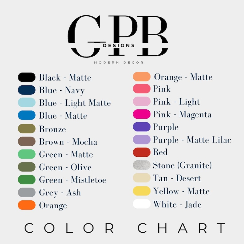 May include: Color chart with 20 different color swatches and their names. The colors include black, blue, bronze, brown, green, grey, orange, pink, purple, red, stone, tan, white, and yellow.